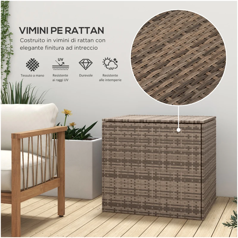 Outsunny Baule da Esterno in Rattan PE e Acciaio con Fodera Interna, 75x75x70 cm, Nero e color Sabbia