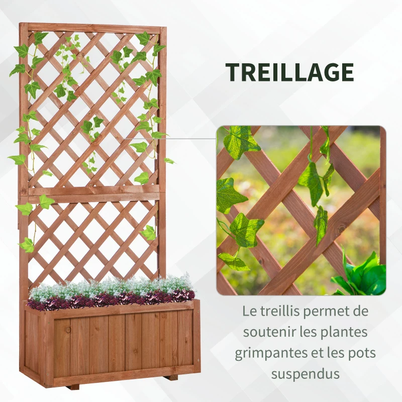 Outsunny Jardinière avec Treillis - bac à Fleurs - jardinière sur Pied - dim. 72,5L x 31,5l x 149,5H cm Inserts d'irrigation Inclus Bois Sapin pré-huilé