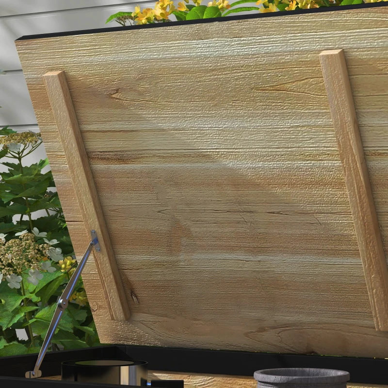 Outsunny Garten-Aufbewahrungsbox, 121 Liter, 2 Räder, wetterfest, Metallscharniere, Naturholz, 100x50x43 cm(m-9)
