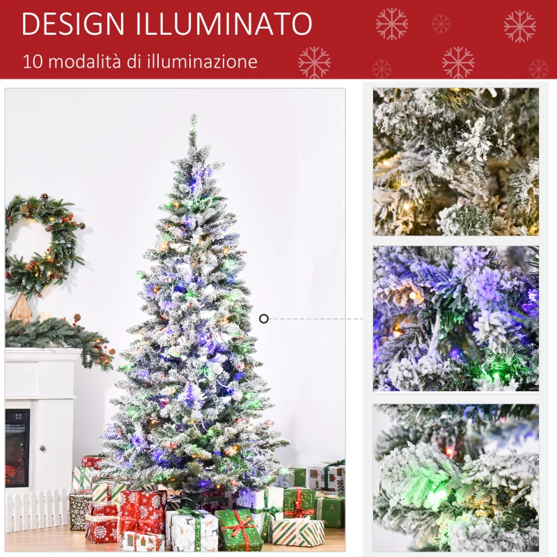 HOMCOM Albero di Natale 210 cm con Luci Incorporate, Albero di Natale Artificiale Innevato con 250 Luci LED Colorate, 829 Rami e Base Pieghevole, Verde