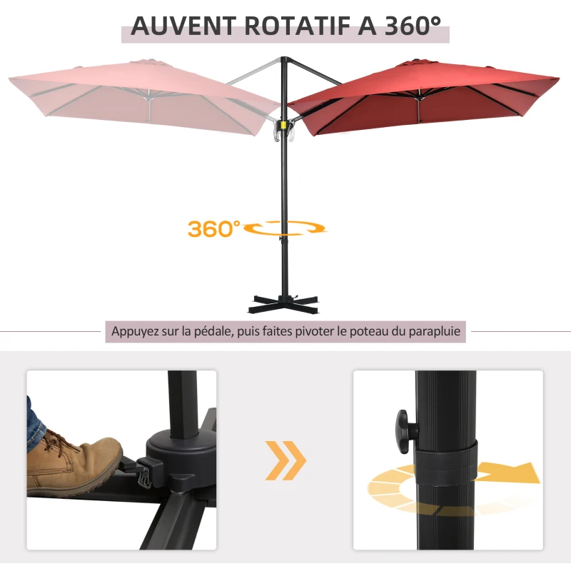 Outsunny Parasol déporté carré manivelle avec pied en acier dim. 2,5L x 2,5l m alu. polyester rouge