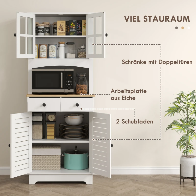HOMCOM Küchenschrank mit Glastüren, 2 Schubladen, Geschirrschrank, Esszimmerschrank, Holz, 68 x 39,5 x 170 cm, Weiß(m-4)