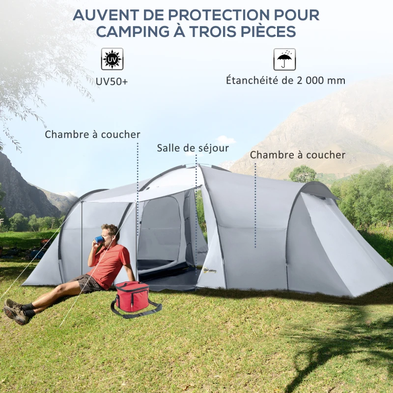 Outsunny Tente de camping familiale 4-6 personnes dôme 2 chambres 1 séjour et 1 auvent anti-UV Imperméable 2000 mm multicolore