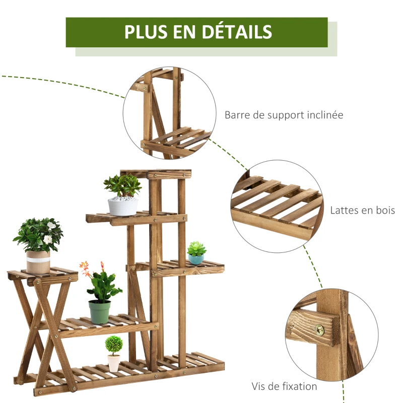 Outsunny Étagère à Fleurs en Bois Supports de Pots Porte Plante Bois 6 tablettes - dim. 98L x 28l x 95H cm - Bois de Sapin traité carbonisation pour Intérieur Jardin Terrasse Balcon
