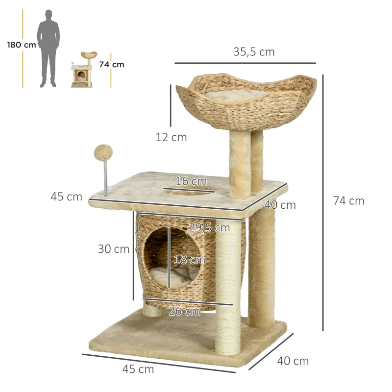 PawHut Kratzbaum mit Katzenhöhle, Liegeplattform, Spielball, 45x40x74cm, Beige(m-3)