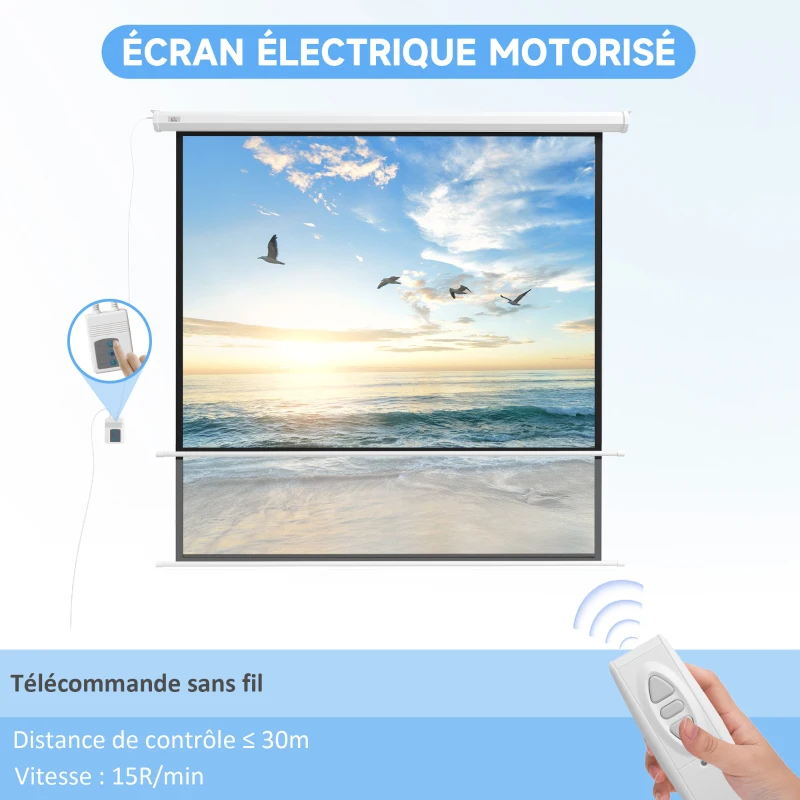 HOMCOM Écran de projection motorisé 96 pouces, 1:1 4K HD, fixation mural ou plafond avec télécommande, 195L x 8l x 182H cm
