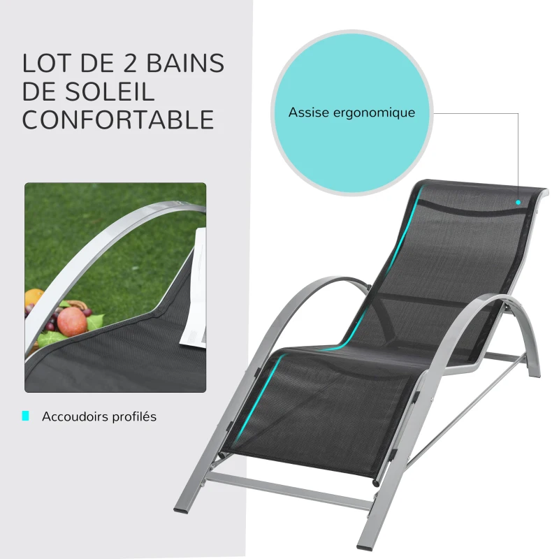 Outsunny Lot de 2 bains de soleil design contemporain table basse plateau verre trempé métal époxy textilène gris foncé