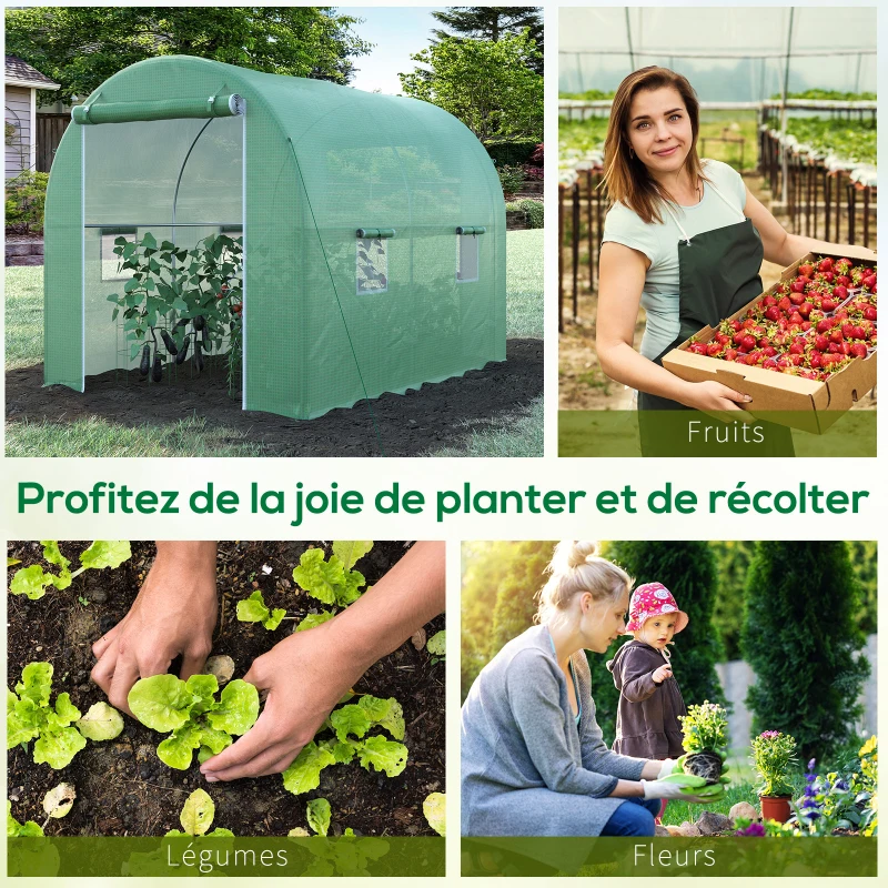 Outsunny Serre de Jardin Tunnel Surface Sol 6 m² 3L x 2l x 2,10H m châssis Tubulaire renforcé Porte zippée 4 fenêtres enroulables Vert