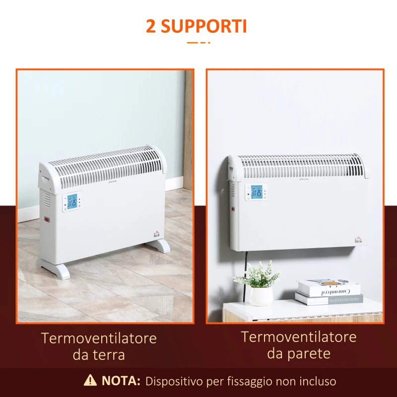 HOMCOM Stufa Elettrica da Parete e da Appoggio con Temperatura Regolabile e Timer, in Metallo e Plastica, 58.5x20x43 cm, Bianco