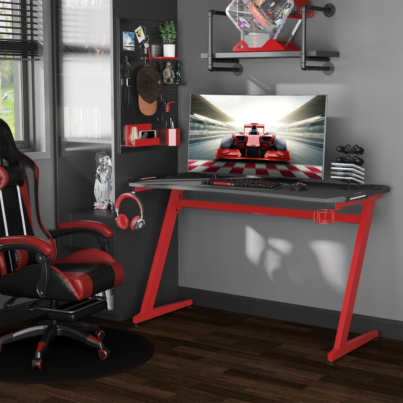 HOMCOM 142 x 66 cm Gaming Desk, Carbon Fibre Covered Computer Desk, Gamer Workstation with Headphone Hook, Cup Holder and Gamepad Storage Rack, Black and Red