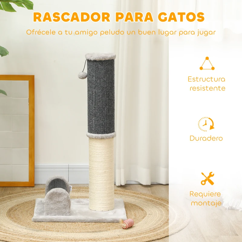 PawHut Poste Rascador para Gatos Arañador de Sisal con Cepillo de Auto Acicalado y Bola de Juguete 40x48x85 cm Gris y Crema