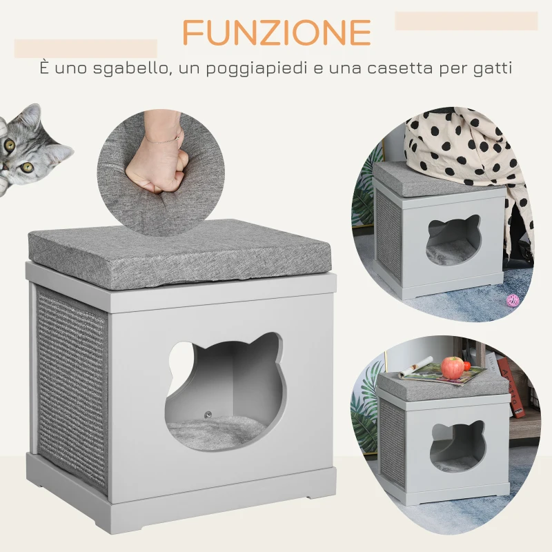 PawHut Cuccia Casetta per Gatti in Legno con 2 Cuscini e Tiragraffi Rimovibili, Grigio, 41x30x36cm