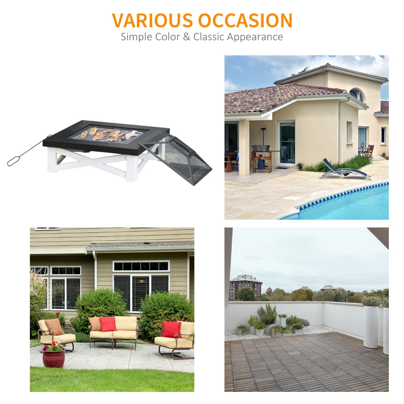 Outsunny Outdoor 3 in 1 Square Fire Pit Brazier with BBQ Grill, Metal Large Firepit with Lid, Log Grate, Poker for Backyard, Camping, Bonfire, Wood Burning Stove, 86 x 86 x 38cm, Black