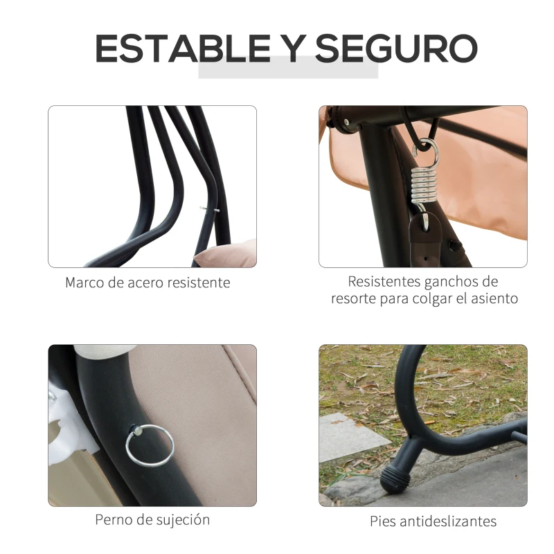 Outsunny Columpio Balancín Jardín 3 Plazas Convertible en Cama Techo Parasol Regulable Bandeja para Bebida Terrza Balcón Exterior Carga máx. 340kg 200x120x164cm Marco Acero