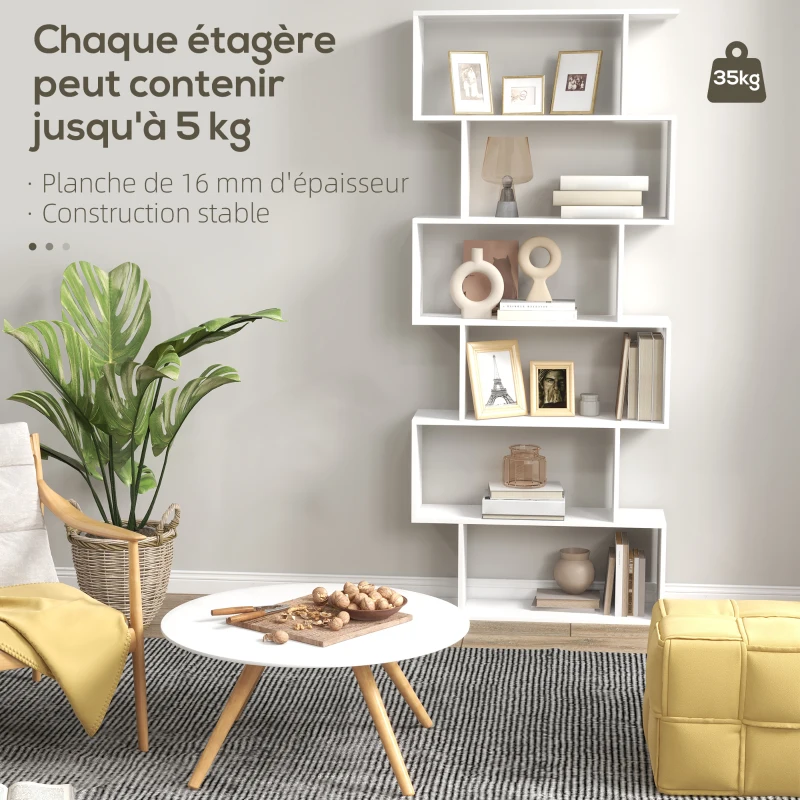 HOMCOM Bibliothèque étagère Zig zag Design Contemporain 80L x 23l x 192H cm 6 Niveaux Blanc