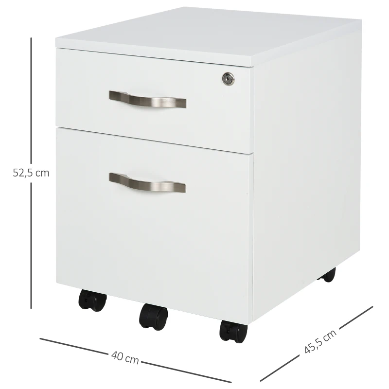HOMCOM Cajonera de Oficina con Reudas Mueble Archivador con 2 Cajones Llave y Riel Colgante 40x45,5x52,5 cm Blanco