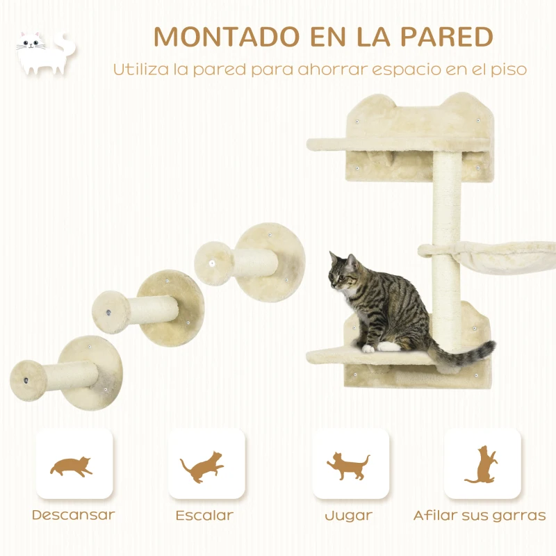 PawHut Juego de Rascador de Pared para Gatos con 3 Postes de Sisal Hamaca y 1 Plataforma para Saltar de 3 Niveles Beige