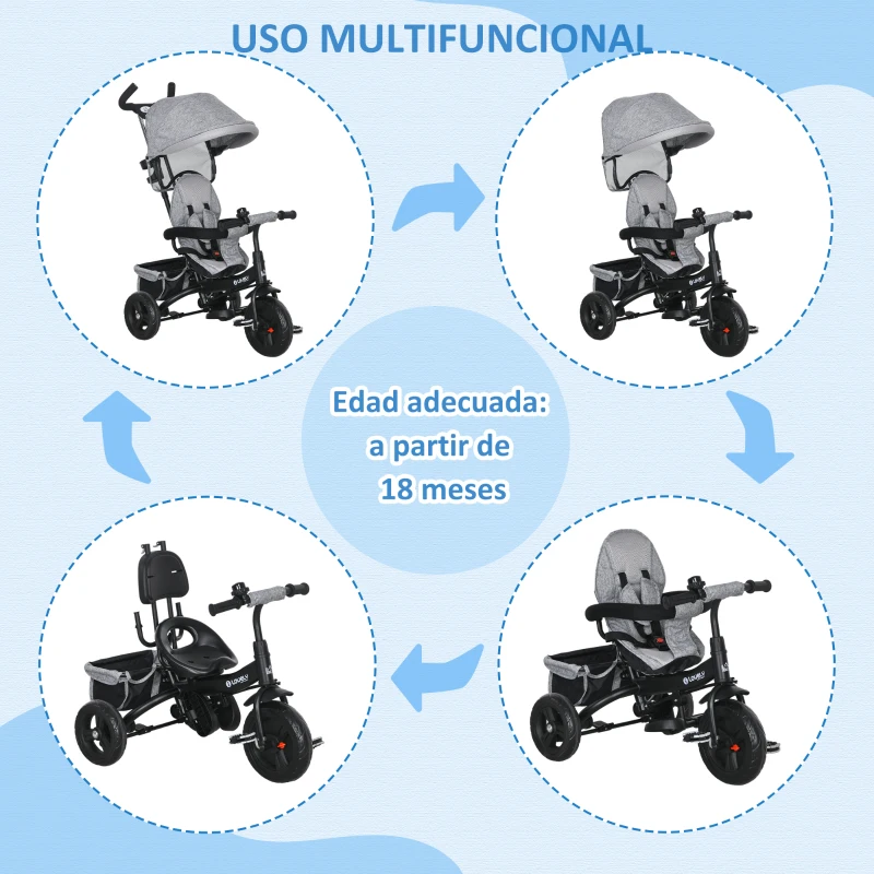 HOMCOM Triciclo Evolutivo para Niños +12 Meses con Toldo Plegable Mango de Empuje Telescópico y Cinturón de Seguridad Gris
