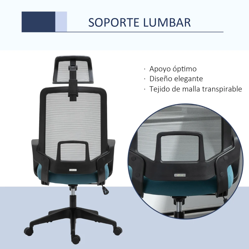 Vinsetto Silla de Oficina Ergonómica Silla Escritorio Giratoria con Altura Ajustable Soporte Lumbar Reposabrazos y Reposacabezas Regulable Malla Transpirable 63,5x63x116,5-125,5 cm Azul y Gris