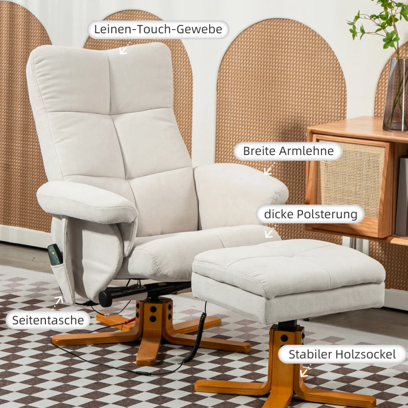 HOMCOM Massagesessel mit Liegefunktion und Fußhocker, 145°-Neigung, Polyester, 80 x 86 x 99 cm, Cremeweiß(m-7)
