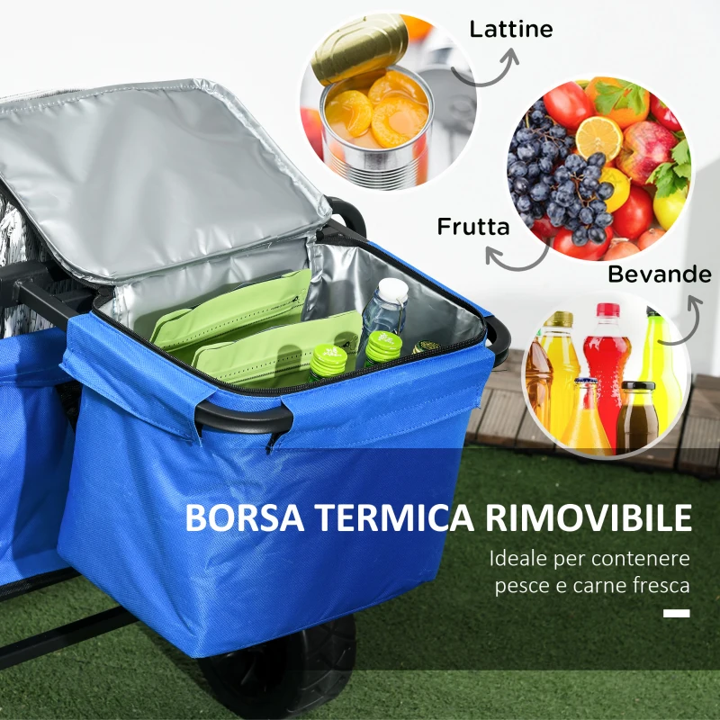 Outsunny Carrello da Giardino 110L con Maniglia Telescopica e Borsa Termica da 15L in Acciaio e Tessuto, Blu