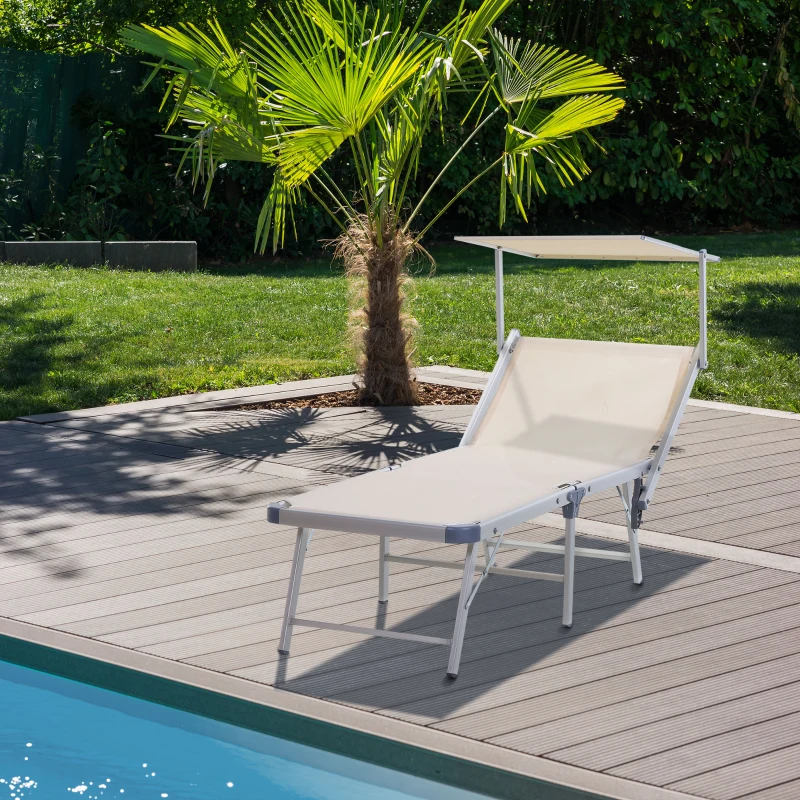 Outsunny Tumbona Plegable y Reclinable con Toldo Incorporado para Jardín Terraza Carga 120 kg 169x72x50/70 cm Beige
