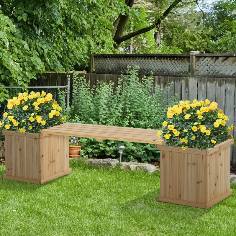 Outsunny  Hochbeet Gartenbank mit 2 Pflanzkasten Holz Sitzbank mit Blumenkasten Garten Holzbank Parkbank Natur 176 x 38 x 40 cm