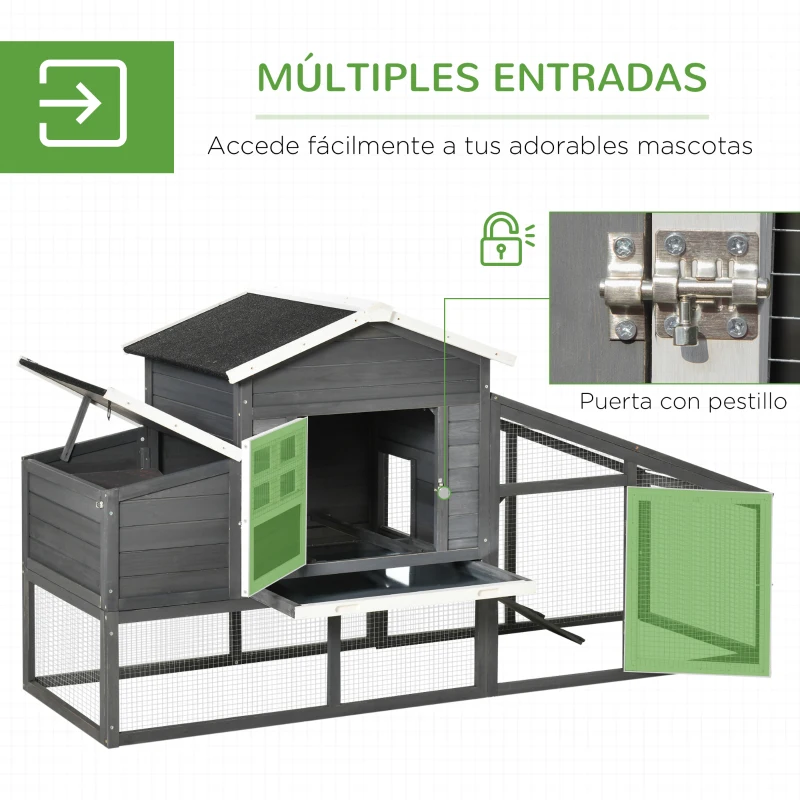 PawHut Gallinero de Madera Exterior Jaula para 2-4 Gallinas con Corral de Alambre Techos Asfálticos Nido Bandeja Extraíble y Rampa 200x80x105 cm Gris