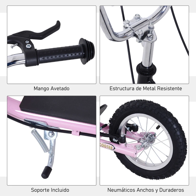HOMCOM Patinete 135x58x92-100 cm 2 Ruedas 16/12 pulgadas con 2 Frenos Scooter + Caballete Rosa