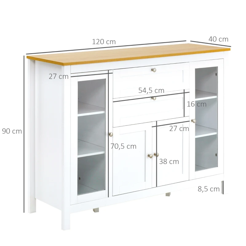 HOMCOM Aparador de Cocina con Armario 2 Cajones 2 Puertas de Vidrio y Estantes Ajustables Muebles Auxiliar de Almacenaje para Comedor Salón 120x40x90 cm Blanco(m-3)