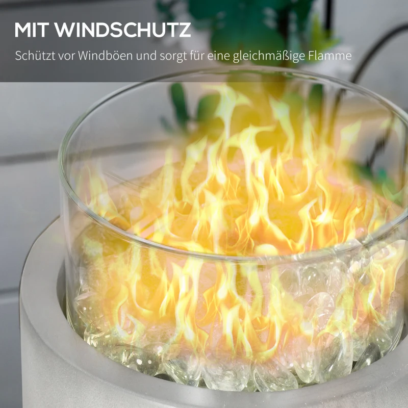 Outsunny Tischfeuerschale Gasfeuerschale, tragbar, mit Glassteinen, Feuerregler, Windschutz, Betonoptik, Ø25,4 x 18,5 cm