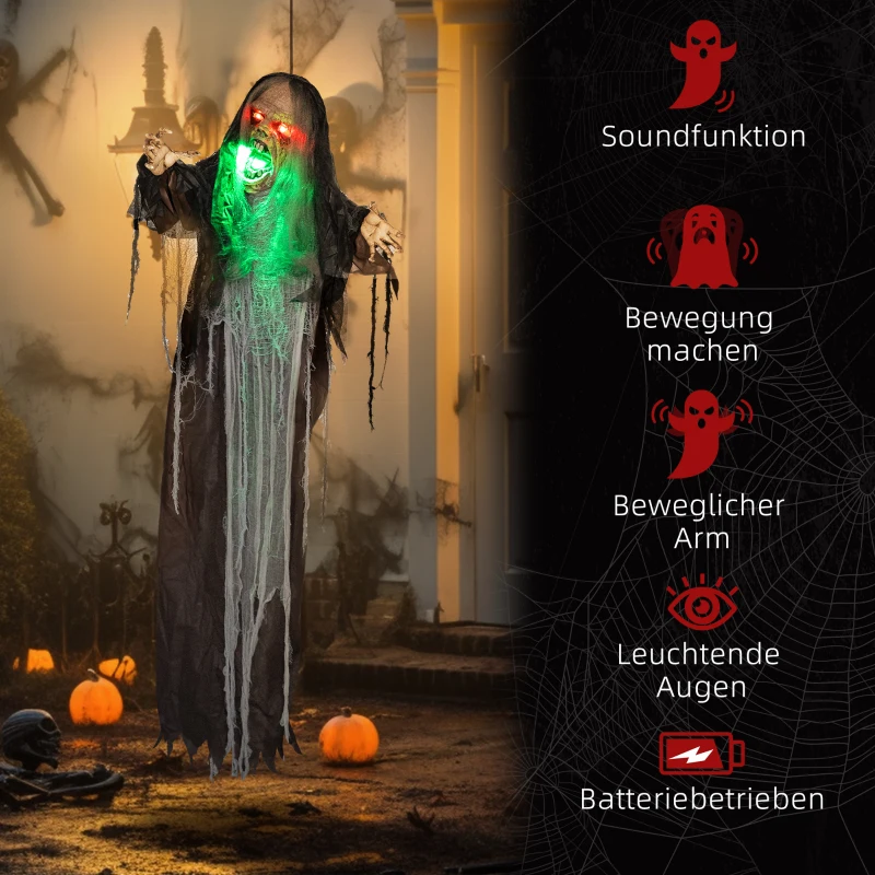 HOMCOM Grünes Monster, Helloweendeko, gruselige Soundeffekte, rote Augen, beweglich, 183 cm(m-7)