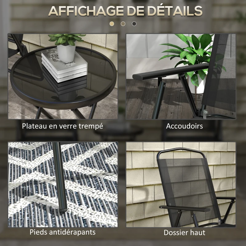 Outsunny Ensemble bistro de jardin 3 pièces 2 chaises + table basse ronde verre trempé pliable métal époxy toile en maille