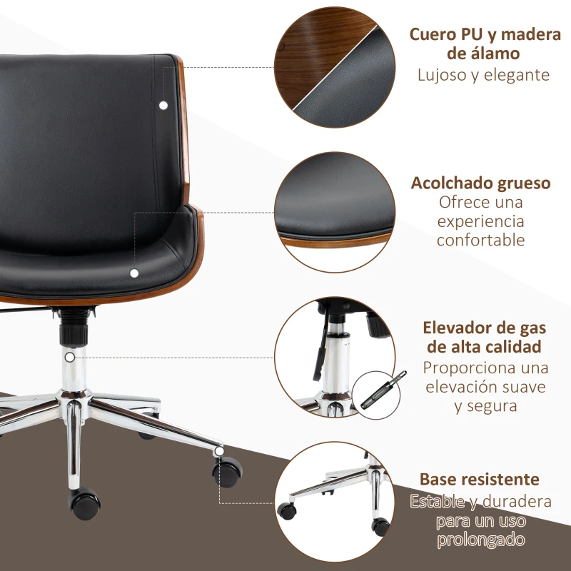 Vinsetto Silla de Oficina Giratoria de PU con Altura Ajustable Función de Inclinación y Ruedas 51x65,5x82-92 cm Negro
