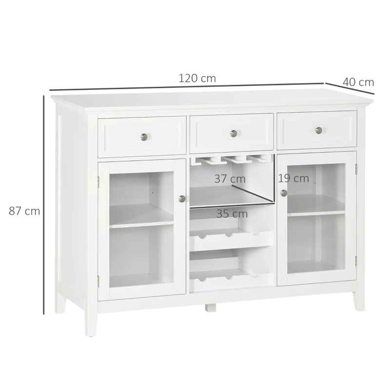 HOMCOM Aparador de Cocina con 3 Cajones Botellero y Soporte para Copas Mueble Auxiliar Estilo Moderno 120x40x87cm Blanco