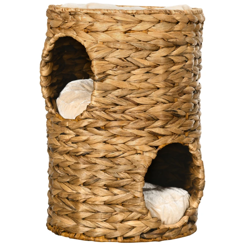PawHut 47cm Cat Barrel Tree for Indoor Cats with 2 Condos, Kitten Tower with Cushion - Light Brown