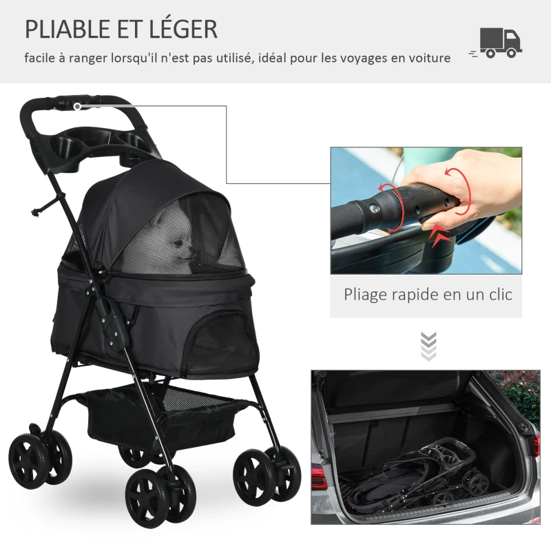 PawHut Poussette buggy pliable chien chat panier rangement porte-gobelets tissu 300D Oxford imperméable 4 roues noir