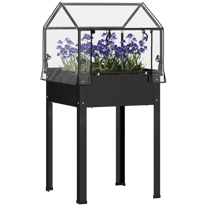Outsunny Verhoogde Tuinbak met Kasdak, Verhoogde Plantenbox met Afvoergaten, 60 x 60 x 120 cm, Zwart
