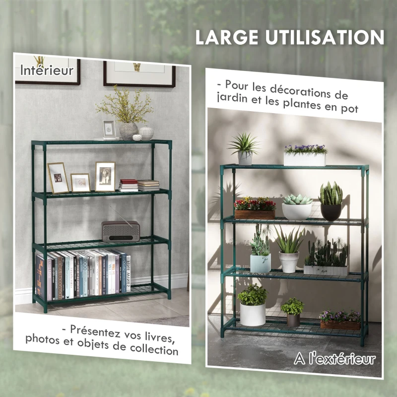 Outsunny Étagère à fleurs supports porte plante 4 niveaux, intérieur et extérieur en acier, dim. 89L x 28l x 107H cm, vert