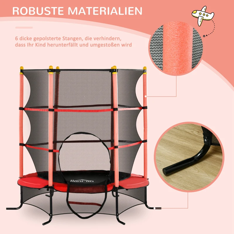 HOMCOM Kindertrampolin mit Sicherheitsnetz, Randpolsterung, wetterfest, Metallrahmen, bis 50 kg, Ø163cm x 163 cm, Rot