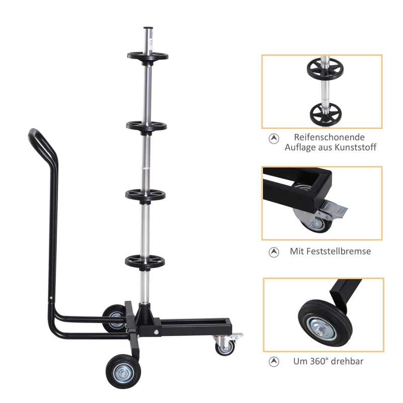 HOMCOM Felgenbaum fahrbar Felgenbaumwagen mit Rollen, Reifenständer bis 255 mm Reifenbreite Reifenwagen für 4 Autoreifen Felgenständer 100kg belastbar