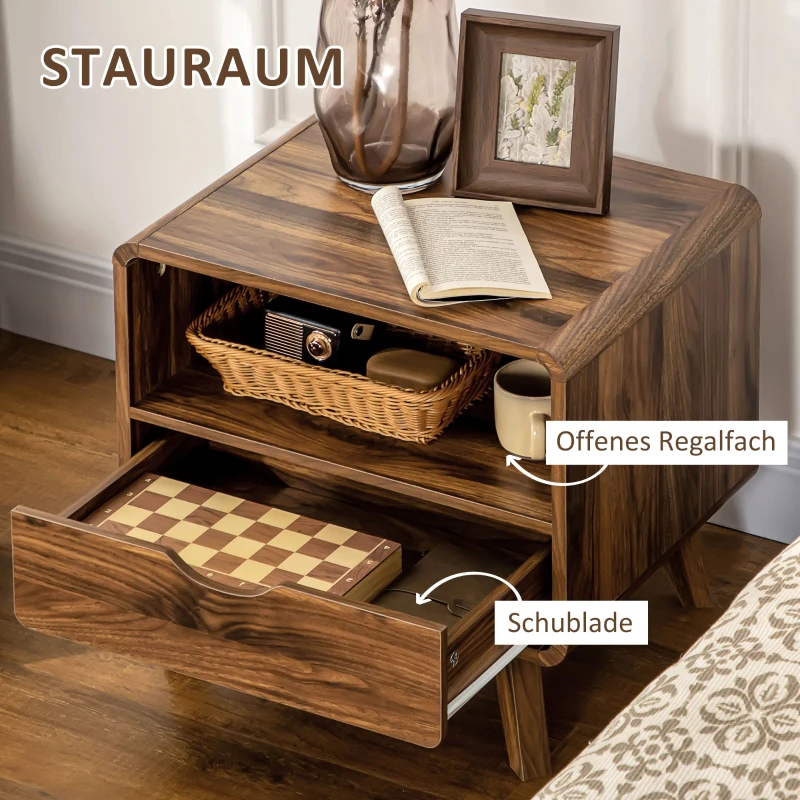 HOMCOM Nachttisch im Retrodesign, 1 Schublade, 1 Aufbewahrungsfach 50 cm x 40 cm x 50 cm Nussbraun