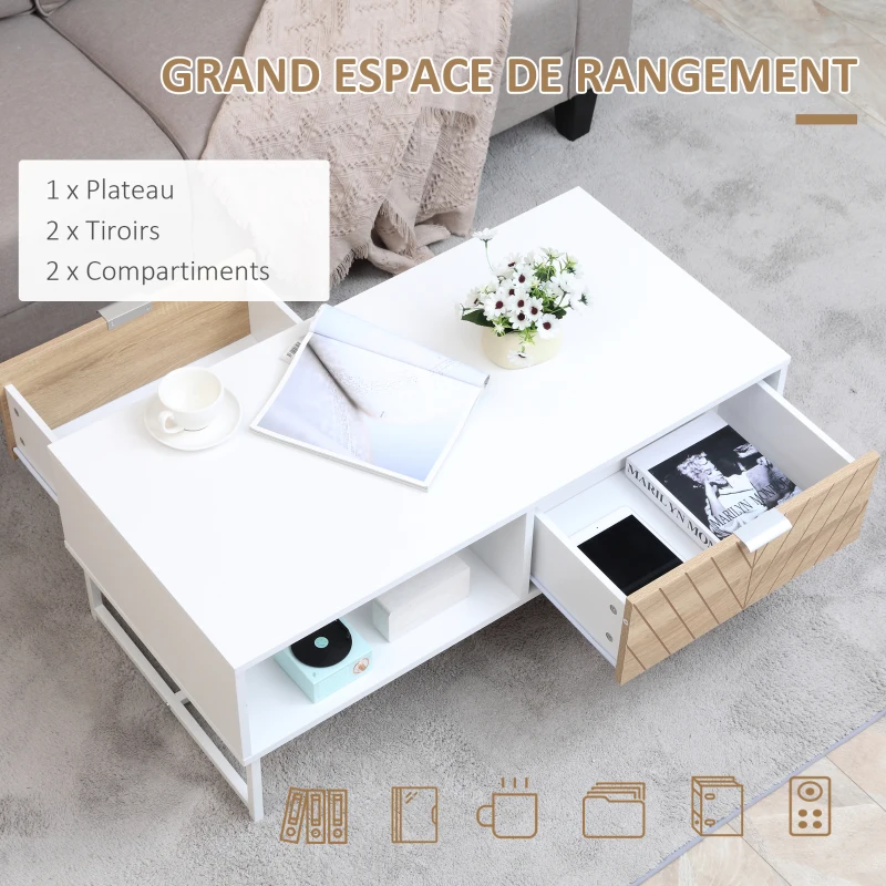 HOMCOM Table Basse + Meuble TV Design Contemporain Multi-rangement piètement métal Aspect Bois de chêne sculpté à Chevrons Blanc