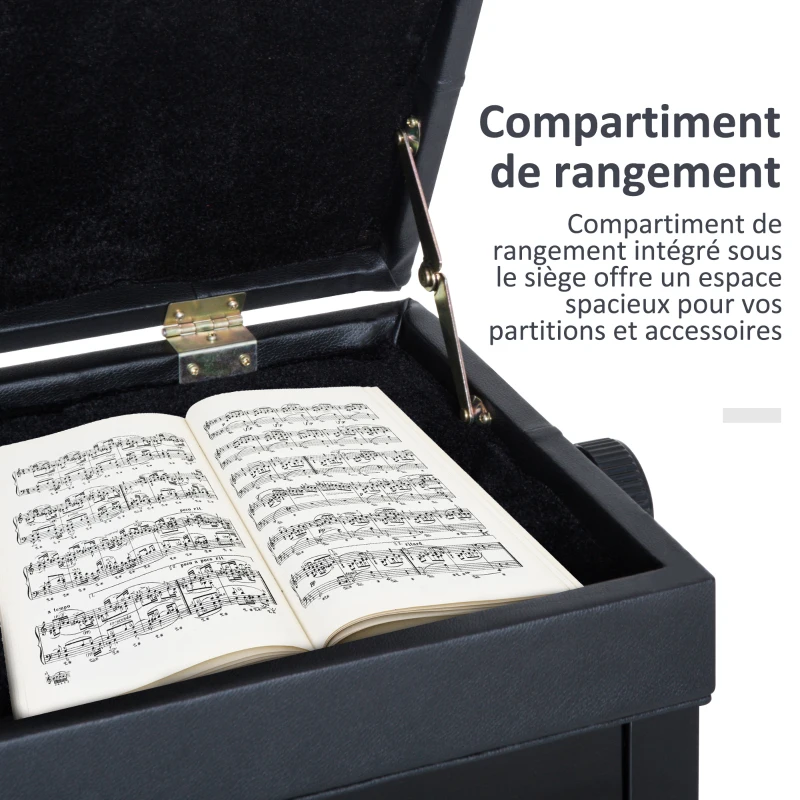 HOMCOM Banc de piano, banc de clavier réglable en hauteur en bois massif, tabouret piano avec compartiment caché, siège rembourré polyuréthane à 10 boutons, stable et antidérapant, charge 200kg, noir