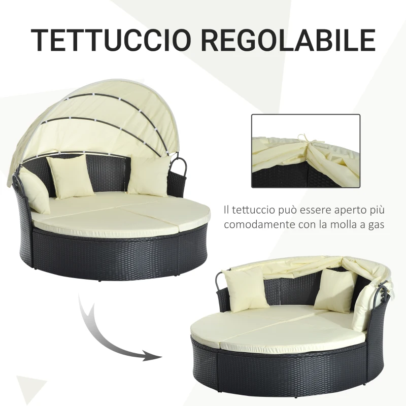 Outsunny Divano da Giardino in Rattan Modulabile con Tenda Parasole, Lettino, Poggiapiedi e Cuscini, Crema e Nero