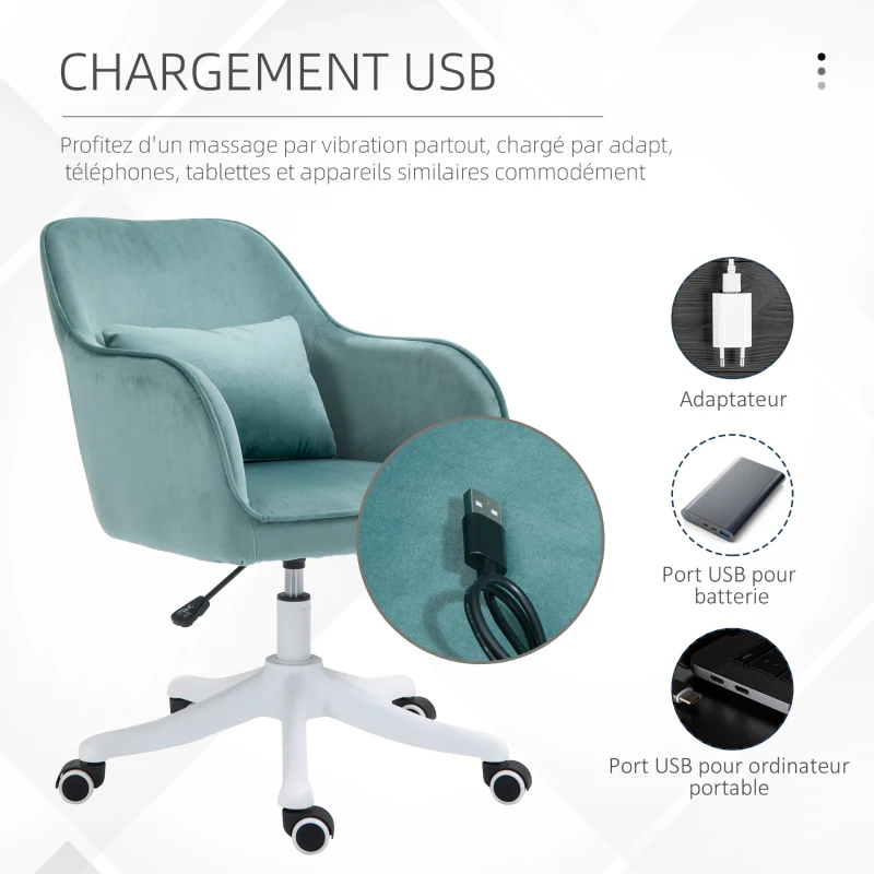 HOMCOM Chaise de bureau velours fauteuil bureau massant coussin lombaire intégré hauteur réglable pivotante 360° vert