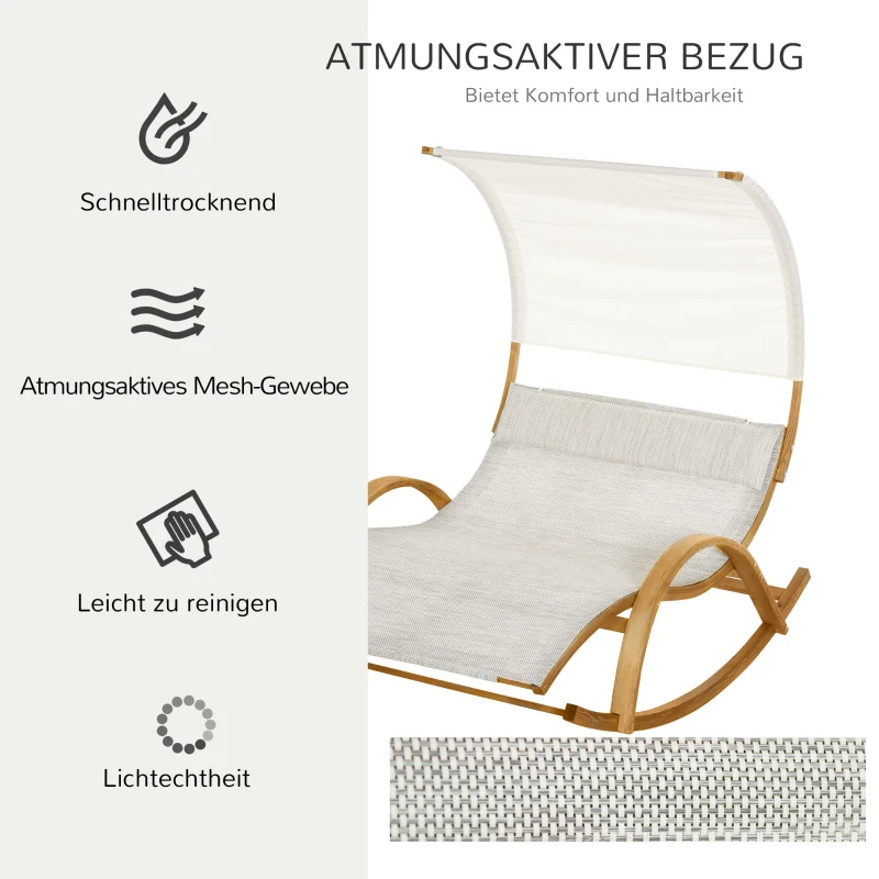Outsunny Doppelliege Sonnenliege Schaukelliege Relaxliege mit Dach Kiefer Grau+Weiß 190 x 135 x 185 cm