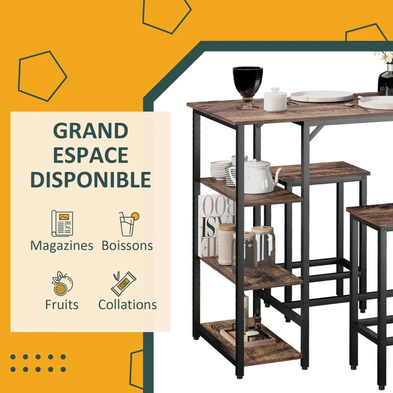 HOMCOM Ensemble Table de Bar 3 étagères 2 tabourets Style Industriel métal Noir Aspect Vieux Bois veinage