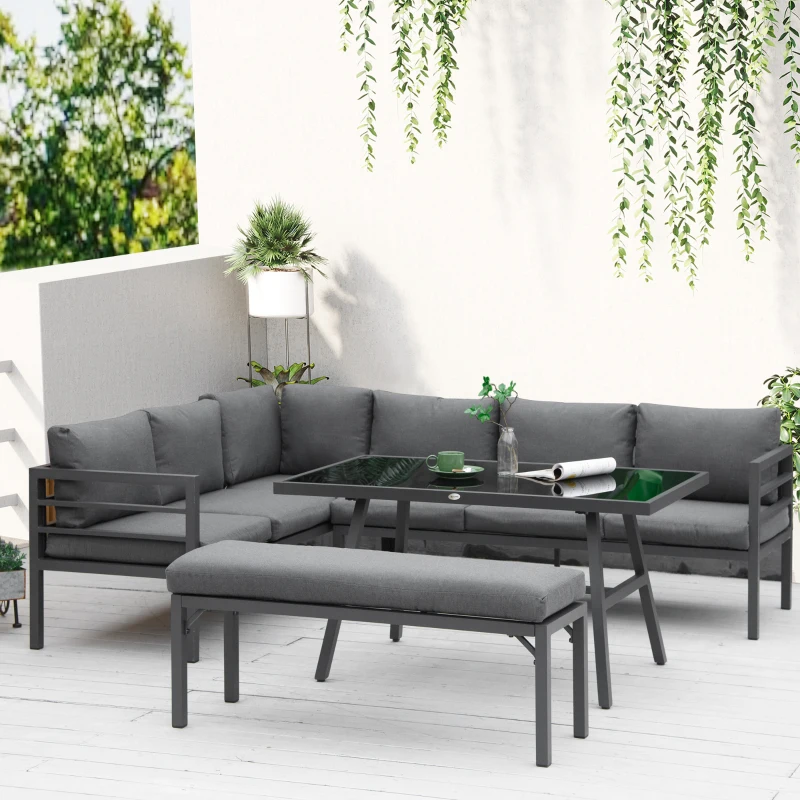 Outsunny Gartenmöbel-Set für 7 Personen mit Beistelltisch Balkonmöbel Set Sofa mit Kissen L-Form Outdoor Aluminium Grau