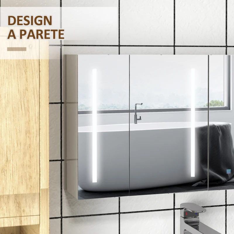 kleankin Armadietto con Specchio con Ripiani Regolabili e Luci LED a 3 Colori, in MDF e Vetro, 90x15x70 cm, Bianco